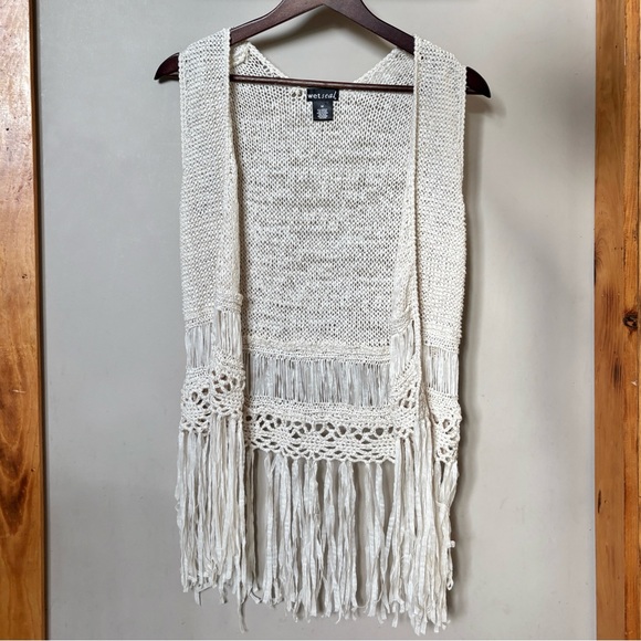 Wet Seal Other - Wet Seal Off-White Loose Knit Summer Shawl Western Boho Fringe Vest Coverup Top